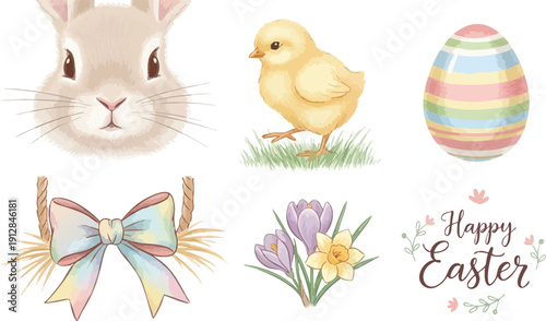 Watercolor style bunny face chick standing on grass pastel colored striped egg floral arrangement and happy easter text illustration for spring holiday greeting card design