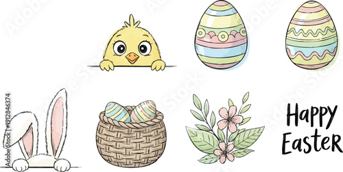 Hand drawn easter bunny ears chick head flower bouquet basket with colorful eggs and happy easter text greeting card vector art illustration