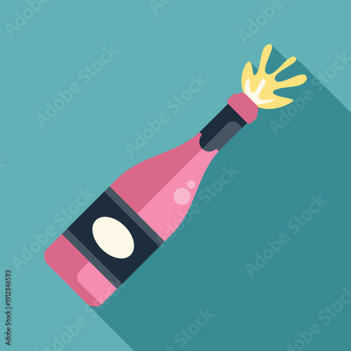 Champagne bottle with popped cork creating a celebratory splash, flat design illustration