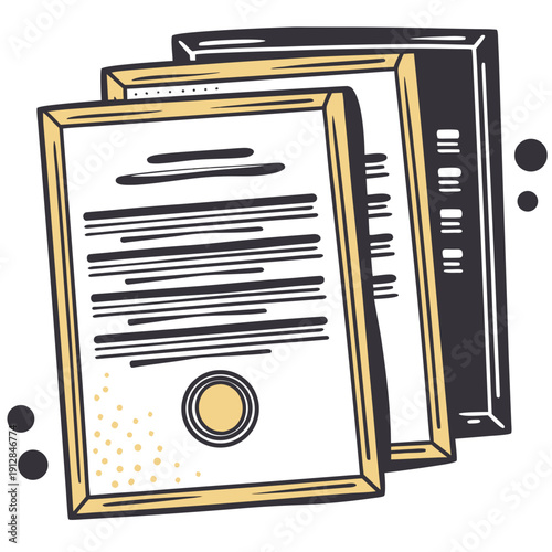 Documents with text and seal in minimalist design on white background  