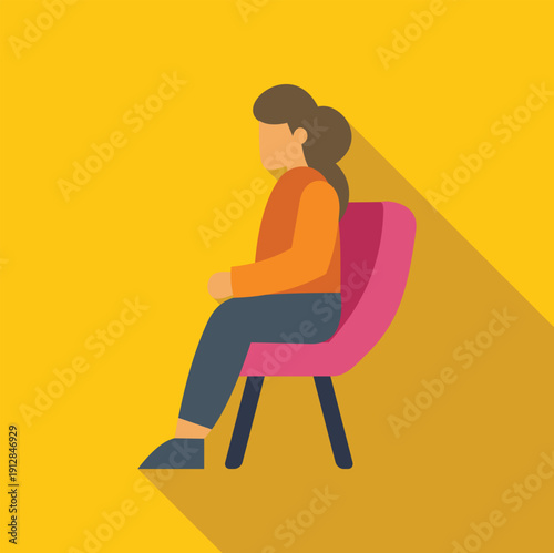 Woman sitting on a chair, patiently waiting, with a long shadow on a yellow background