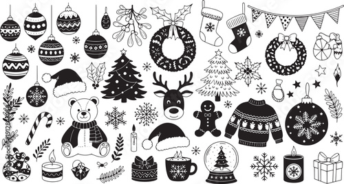 Collection of black and white Christmas ornaments, decorations, and festive symbols including a teddy bear, Santa hat, sweater, snowflake, reindeer, snowman, candy cane, and gift box