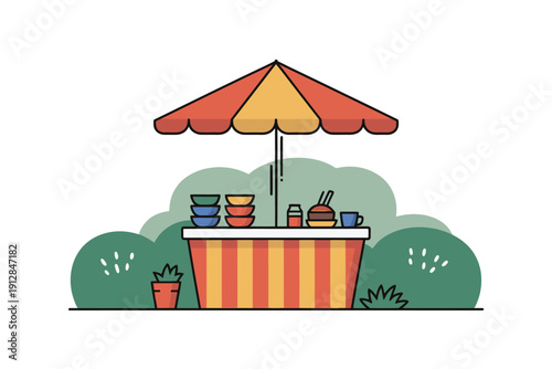 Food stall setup under bright umbrella suggests outdoor casual dining.