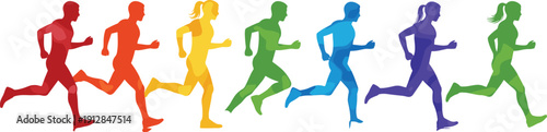 Running, people, silhouettes, collection, runners, jogging, marathon, fitness, sport, exercise, training, speed, motion, healthy, lifestyle, illustration, vector, set, colorful, icons