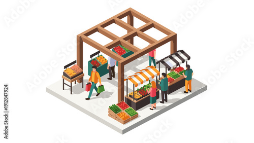 Isometric farmers market with stalls and fresh produce