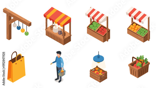 Isometric farmers market: fresh produce stalls and market accessories