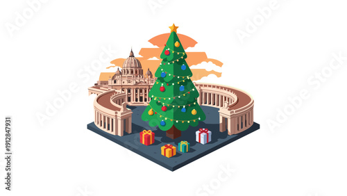 Christmas tree with gifts in front of st. peter's basilica in isometric style