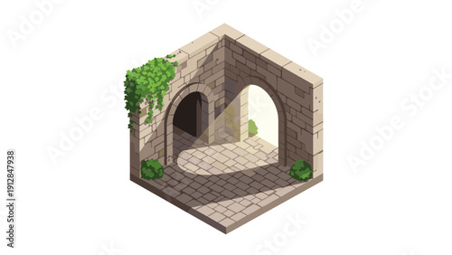 Isometric ancient stone arch with ivy and sunlit pathway
