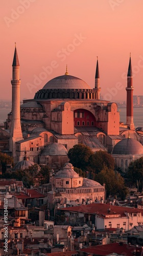 Sunset view of Hagia Sophia in Istanbul with red skies and surrounding city structures creating a beautiful scene