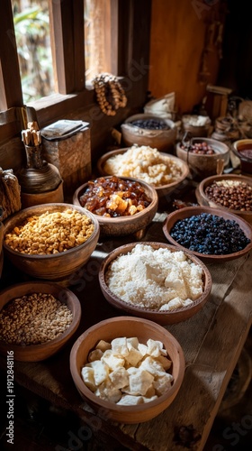 Variety of grains and dried foods displayed on wooden table near window in traditional setting in the afternoon light
