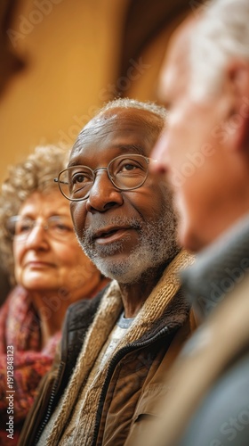 Group of older adults engage in conversation while listening to a speaker in a warm indoor setting during an afternoon event