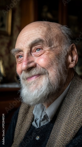 Elderly man smiles warmly while sitting indoors during the day with soft light highlighting his face and features