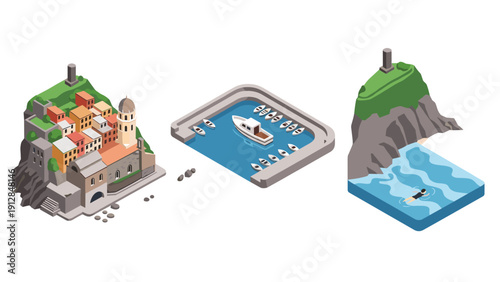 Charming coastal scenes with italian village, marina, and cliff