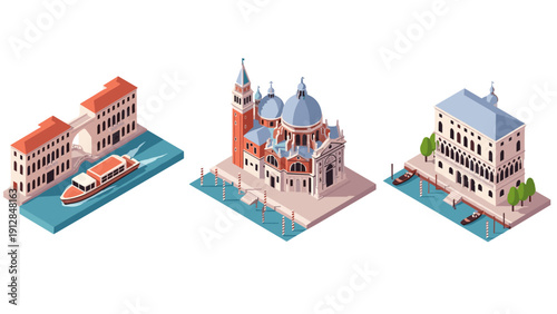 Isometric venice landmarks with gondolas and historic buildings