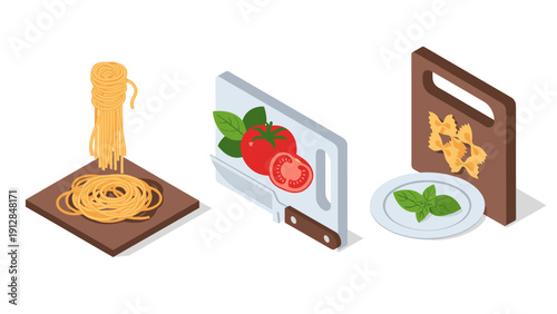 Isometric cooking elements with pasta, tomatoes, knife, and cutting boards