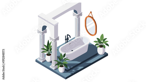 Isometric classical bathroom with modern bathtub and decorative plants