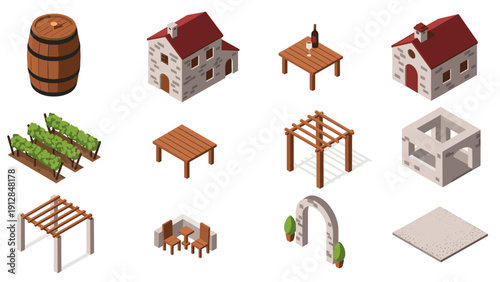 Isometric winery elements set with vineyard, barrels, and rustic buildings