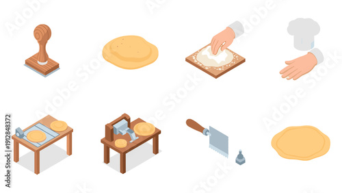 Isometric bakery icons: dough preparation, baking tools, chef hat