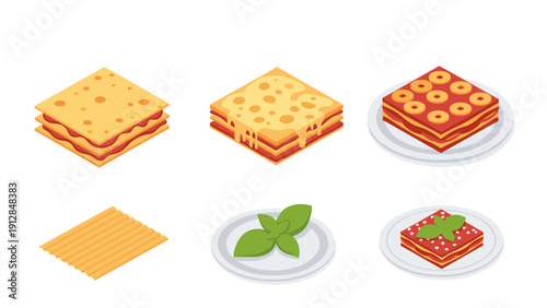 Isometric lasagna constructions with ingredients and variations on plates