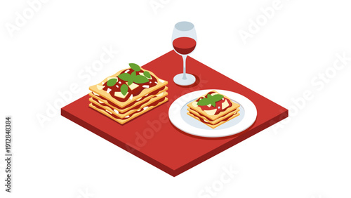 Isometric lasagna and wine dish with basil garnish on red surface