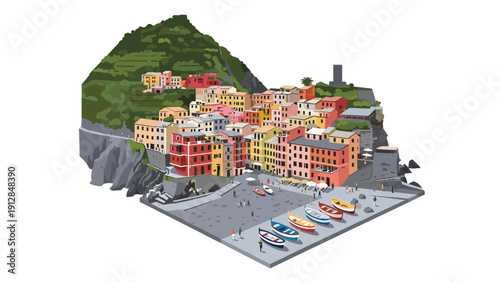 Charming coastal village isometric view with colorful houses and boats