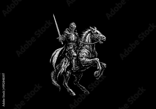 Monochrome Grunge Knight on Rearing Horse Sword Graphic. High-contrast distressed illustration of an armored knight riding a rearing horse and raising a sword. Vector t-shirt, streetwear print.