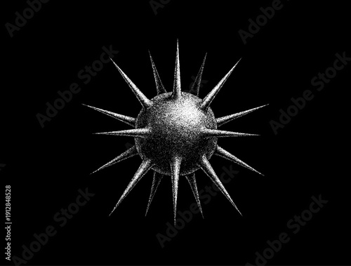 Futuristic Spiked Metal Sphere Brutalist Monochrome Graphic. High-contrast monochrome illustration of a futuristic metallic spiked sphere, mace-like brutalist design element. Vector art