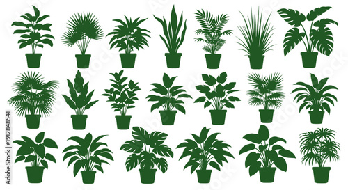 Collection of various potted houseplant silhouettes on white background