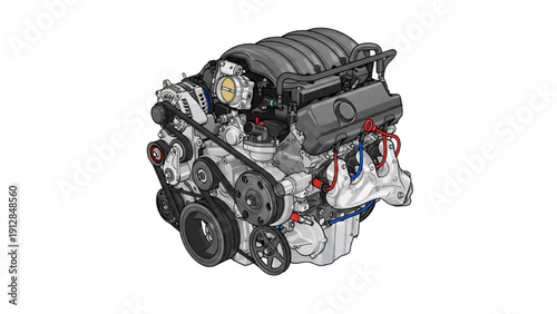 V6 Engine Automotive Technical Illustration on White Background