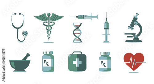 Collection of medical healthcare icons in flat design style