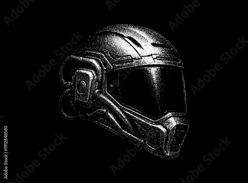 Futuristic Helmet with Visor Monochrome Grunge Streetwear Graphic. High-contrast monochrome illustration of a futuristic helmet with dark visor and tech details, rendered. Vector cyberpunk spacesuit
