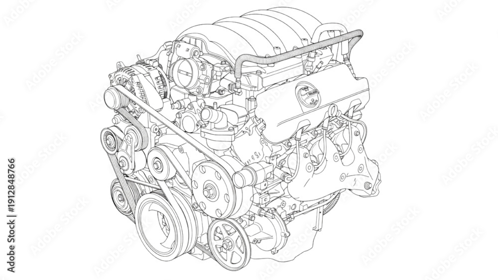 Obraz premium V6 Engine Line Art Engineering Technical Drawing on White Background