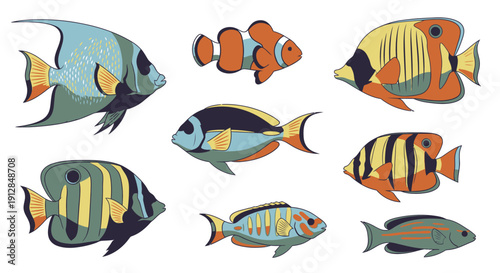 Colorful tropical marine fish collection underwater illustration