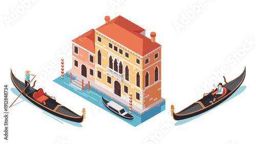 Venice canal scene with gondolas and historic building in isometric view