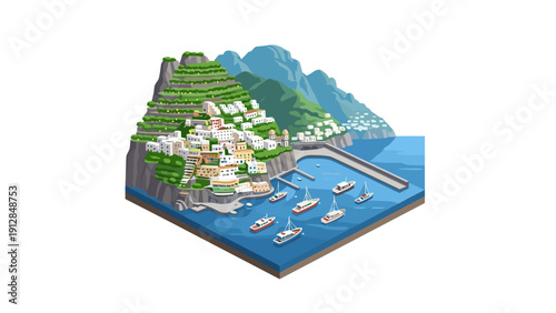 Scenic isometric coastal town with boats and mountain landscape