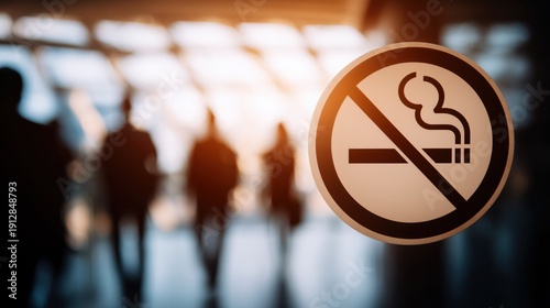 No smoking sign on a glass door with blurred people walking in a public building at sunset
