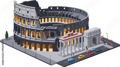 Isometric view of the colosseum with traffic and infrastructure elements