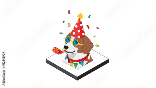 Festive dog in 3d isometric design with party hat and accessories