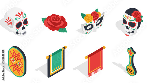 Festive skull and floral icons for dia de los muertos celebrations