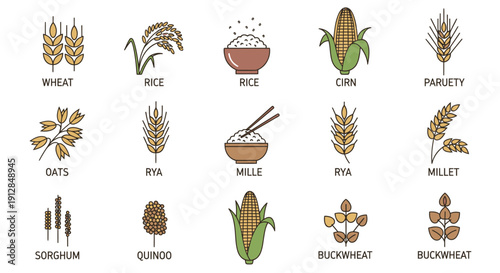 Collection of outline grain and cereal plant food icons