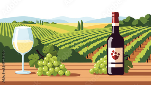 Vineyard view with wine bottle and grapes on rustic wooden table
