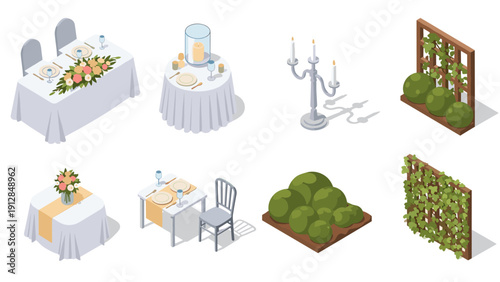 Isometric event design elements: tables, decorations, and greenery for elegant settings