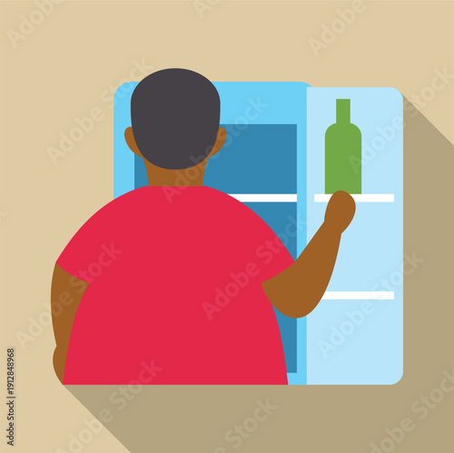 Overweight man reaching for a bottle of alcohol inside an open refrigerator