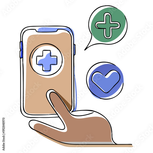 Hand holding smartphone with medical icons for health applications  