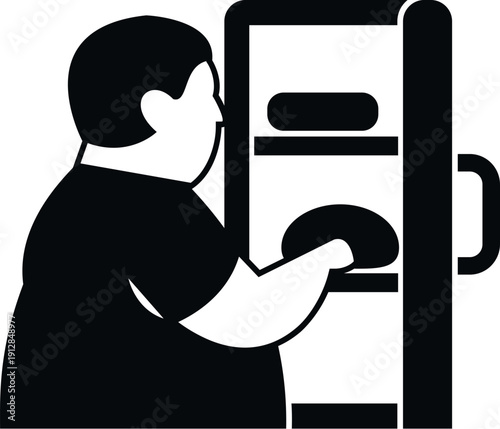 Obese person opening a fridge door to grab food, representing overeating and unhealthy lifestyle