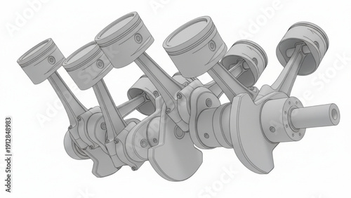 V8 Engine Crankshaft and Piston Assembly CAD Engineering Technical Illustration on White Background