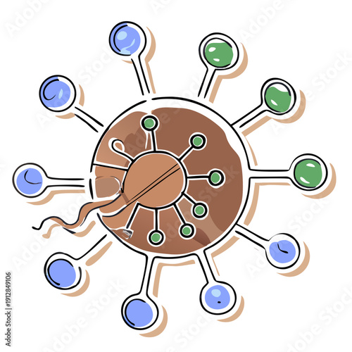 Cartoon illustration of a virus structure with colorful spikes  