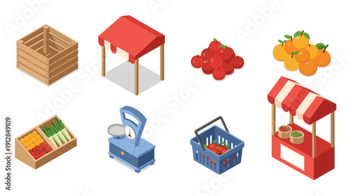 Isometric farmers market icons: fresh produce stalls and accessories