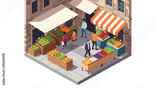Vibrant street market scene with fresh produce and shoppers in isometric style