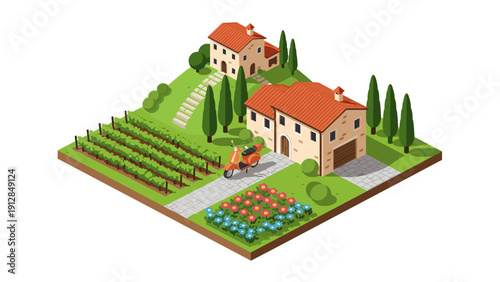 Italian countryside isometric scene with houses, vineyard, and scooter on sunny day